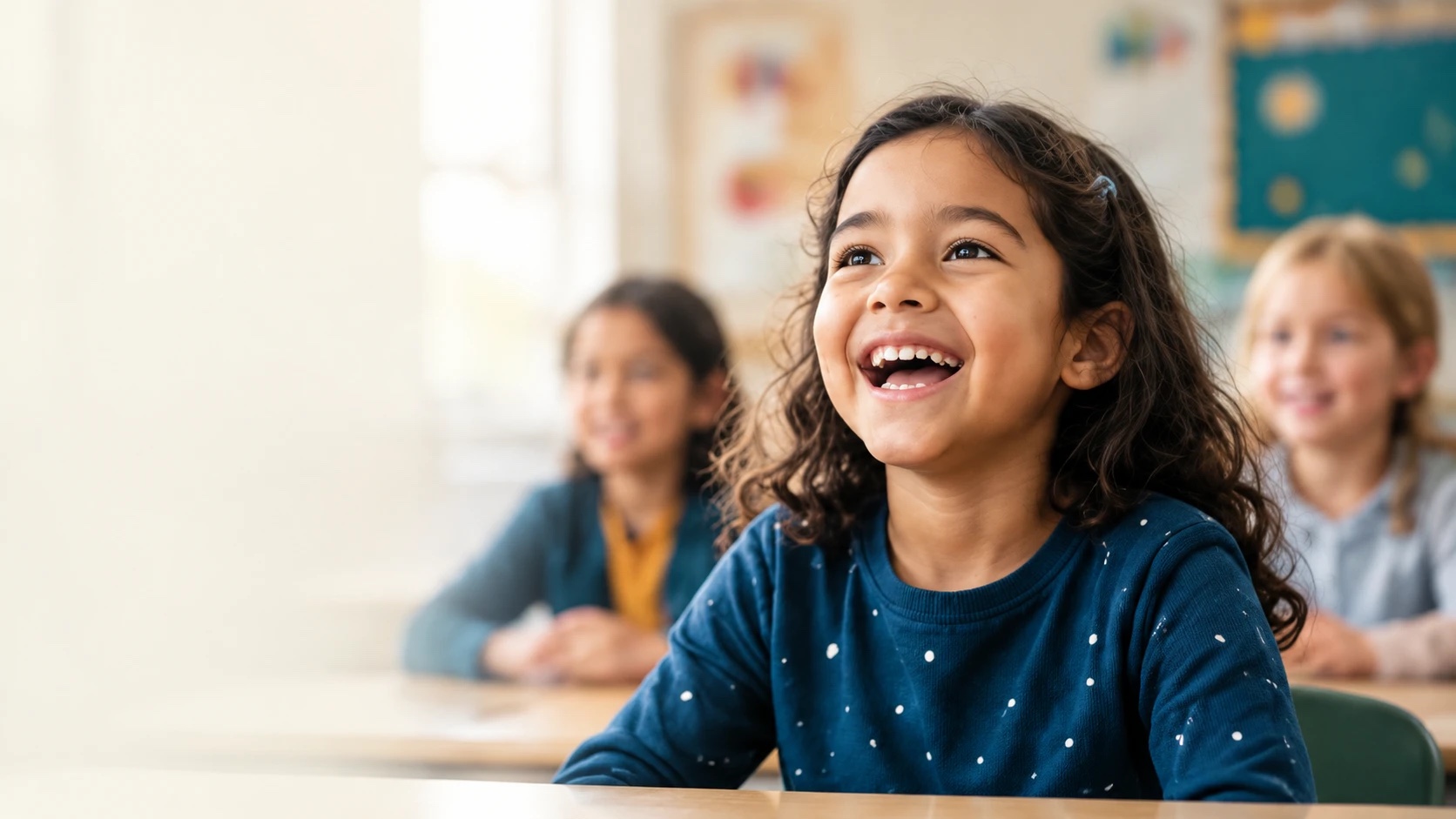 A smiling student singing along in class